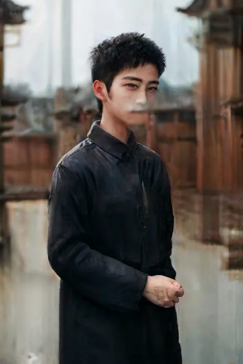 a boy，Wearing Chinese costumes，long black hair，ancient chinese architecture