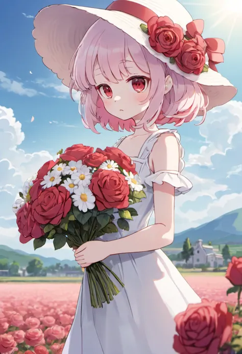 (masterpiece, best quality),1girl,flower,solo,dress,holding,sky,cloud,hat,outdoors,bangs,bouquet,rose,expressionless,blush,pink ...