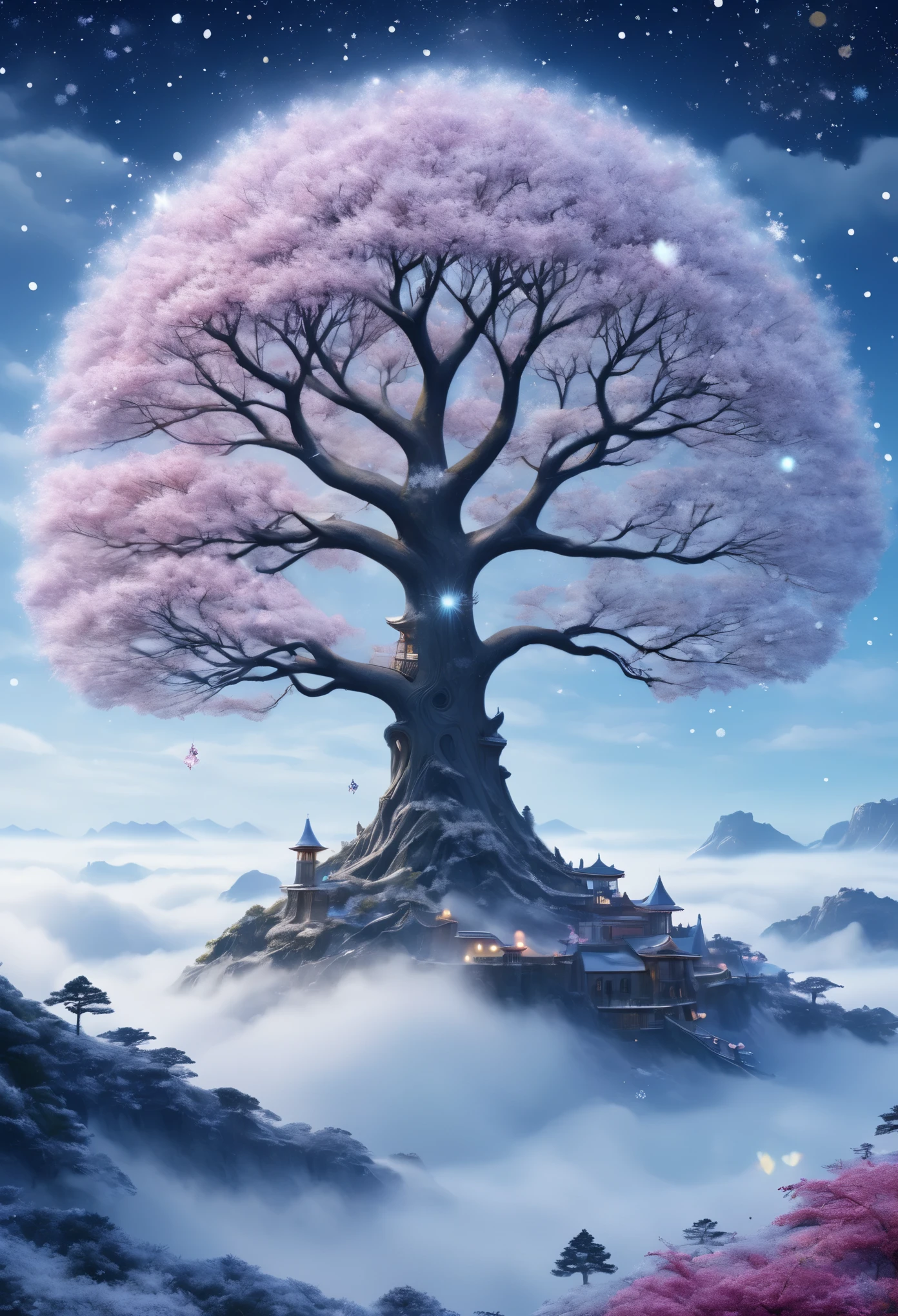 The princesa&#39;La cara aparece en el aire.，(Exposición múltiple:1.8),paisaje de invierno，Isla maravillosa y surrealista flotando en nubes y niebla de ensueño.，(gran copo de nieve:1.3)，色とりどりのgran copo de nieveが飛んでいます，princesa&#39;El palacio está cubierto de nieve.，El árbol de la vida florece con infinita vitalidad..，estrellas titilando en el cielo nocturno，Nubes y niebla superpuestas，peculiar arte paisajístico de fantasía, Hermoso arte Ultra HD 8K, Arte digital de alta definición 8K, fantasía bellamente detallada, Paisaje de fantasía de ensueño épico, Paisajes misteriosos y fantásticos., La fantasía mágica es muy detallada., paisaje magico, gran copo de nieveと幻想的に浮かぶ妖精の島々Consiste en。, arte digital de fantasía detallada, Arte digital detallado en 8K