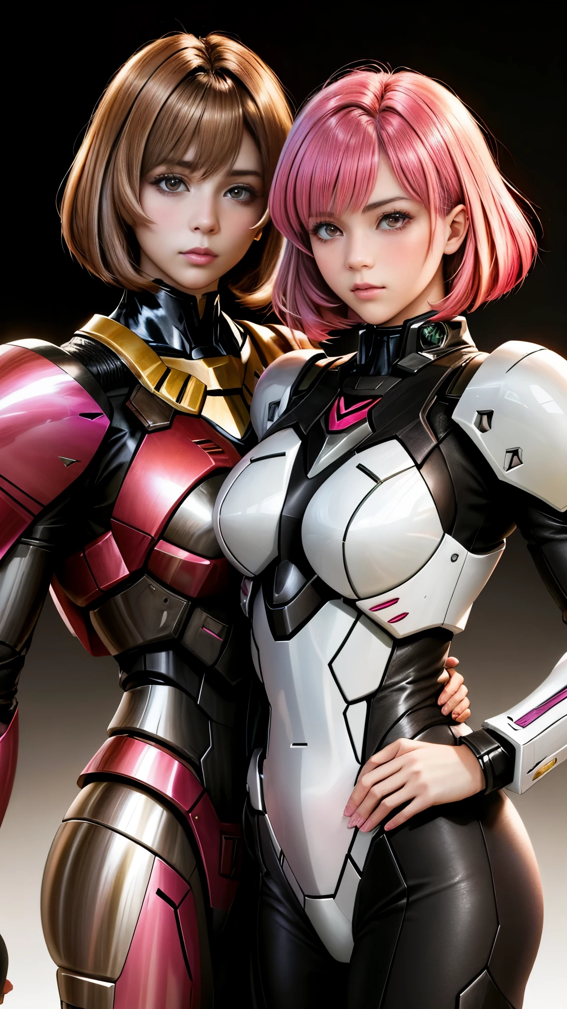 Photo of two realistic black Sazabi girls，Shortcut Bob Cut，I have a lot of hair，brown eyes，Hair color is bright pink，cool look，background is gray，16 year old daughter of Haman Khan and Char Aznable.