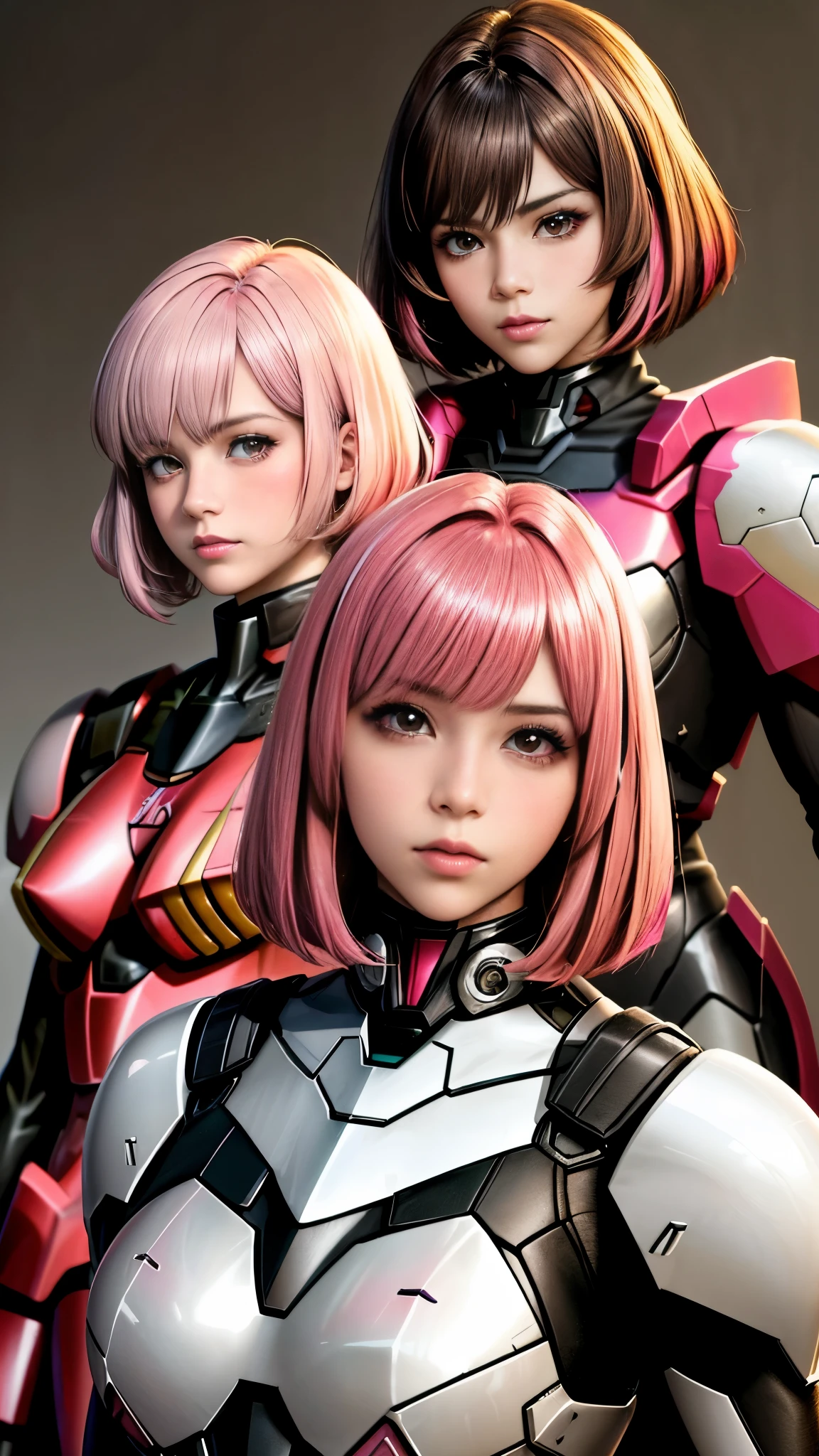 Photo of two realistic black Sazabi girls，Shortcut Bob Cut，I have a lot of hair，brown eyes，Hair color is bright pink，cool look，background is gray，16 year old daughter of Haman Khan and Char Aznable.