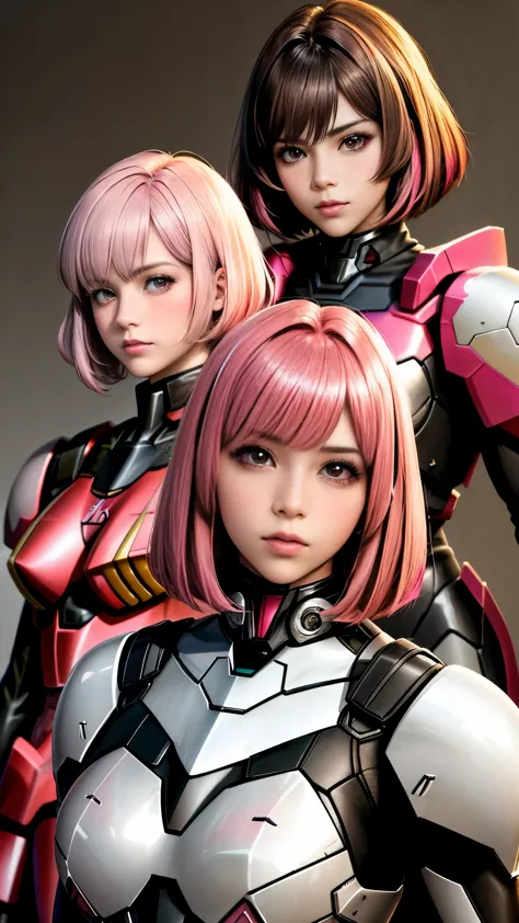 photo of two realistic black sazabi girls，shortcut bob cut，i have a lot of hair，brown eyes，hair color is bright pink，cool look，b...