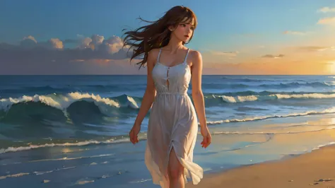 beautiful evening beach with stars, waves illuminated by the setting sun, calm and quiet waves、beautiful woman walking on a sand...