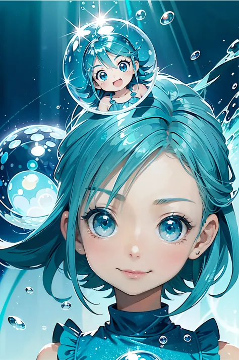 Underwater，Digital Art Style Baby Chibi，big head，perfect face， cute face，bright face，laughter，(blue hair:1.3)，(shining blue eyes...