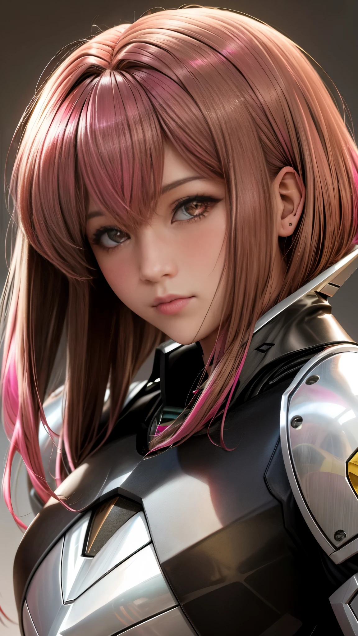 Photo of two realistic black Sazabi girls，Shortcut Bob Cut，I have a lot of hair，brown eyes，Hair color is bright pink，cool look，background is gray，16 year old daughter of Haman Khan and Char Aznable.