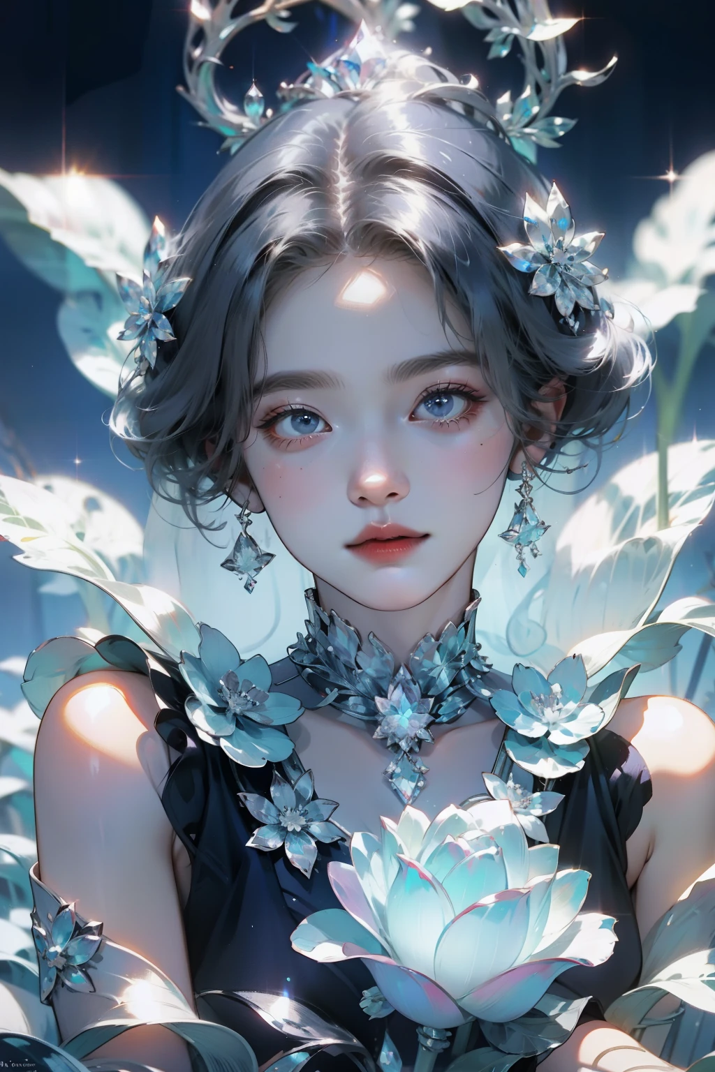 The hair is covered with beautiful and delicate floral craftsmanship, Crystal jewelry filigree，jewelry，Ultra-detailed details，Beautiful aristocratic girl，Gray hair is elegantly coiled，(((Silvertone)))，golden colored。Blue and purple clear eyes，crystal，Illusion
