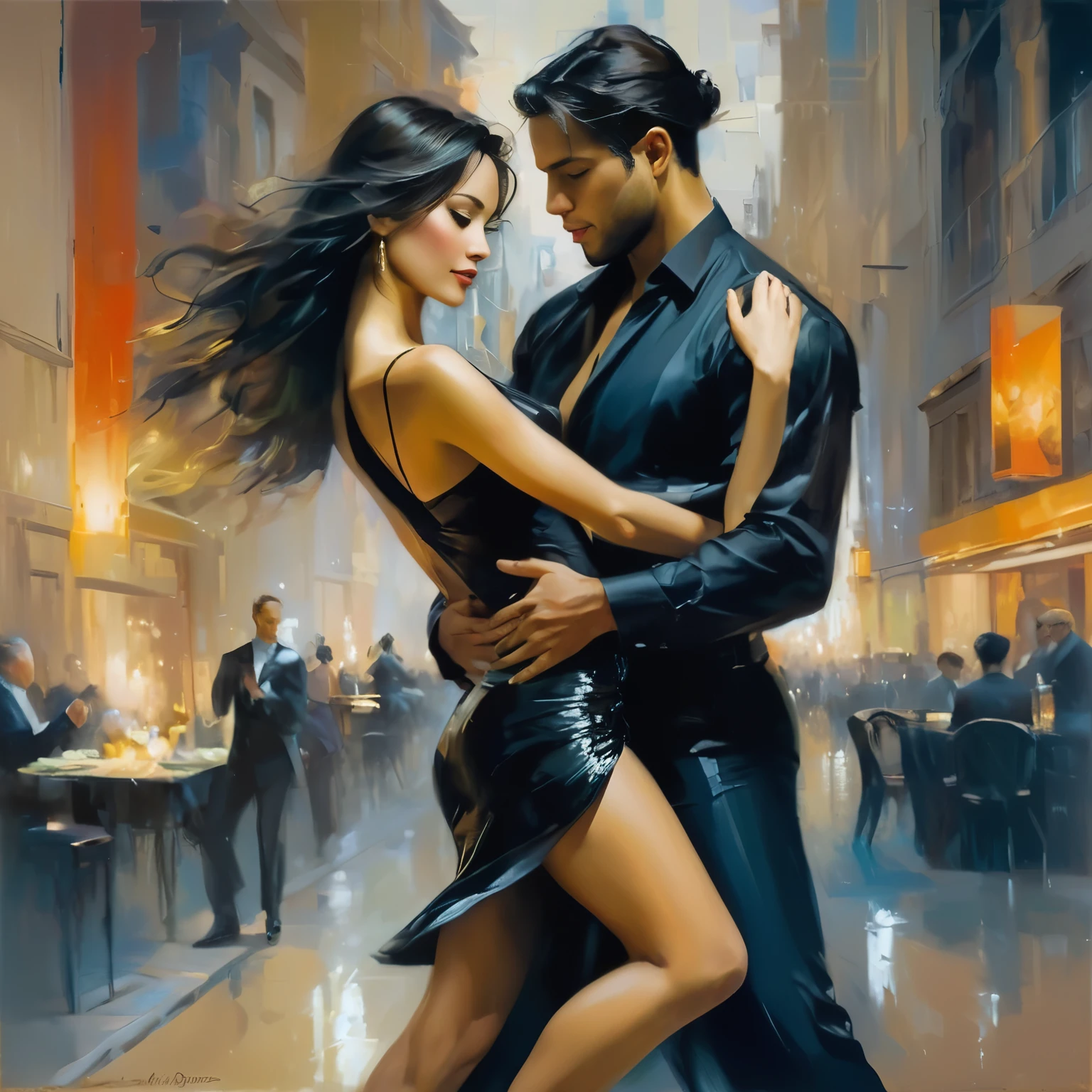 painting of a couple dancing in a city street, sensual dancing, vladimir volegov, by Marek Okon, painting vladimir volegov, sensual painting, wlop and andrei riabovitchev, by Pablo Munoz Gomez, ( ( konstantin razumov ) ), volegov, romantic painting, wadim kashin. ultra realistic