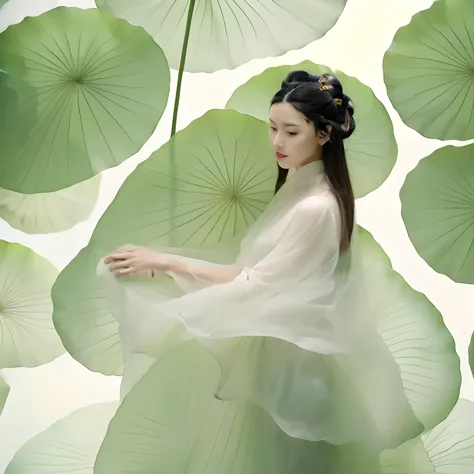 girl，alone，giant lotus leaf，black hair，skirt，permanently installed观众，
white skirt，ok，permanently installed，单ok，leaves，long sleev...