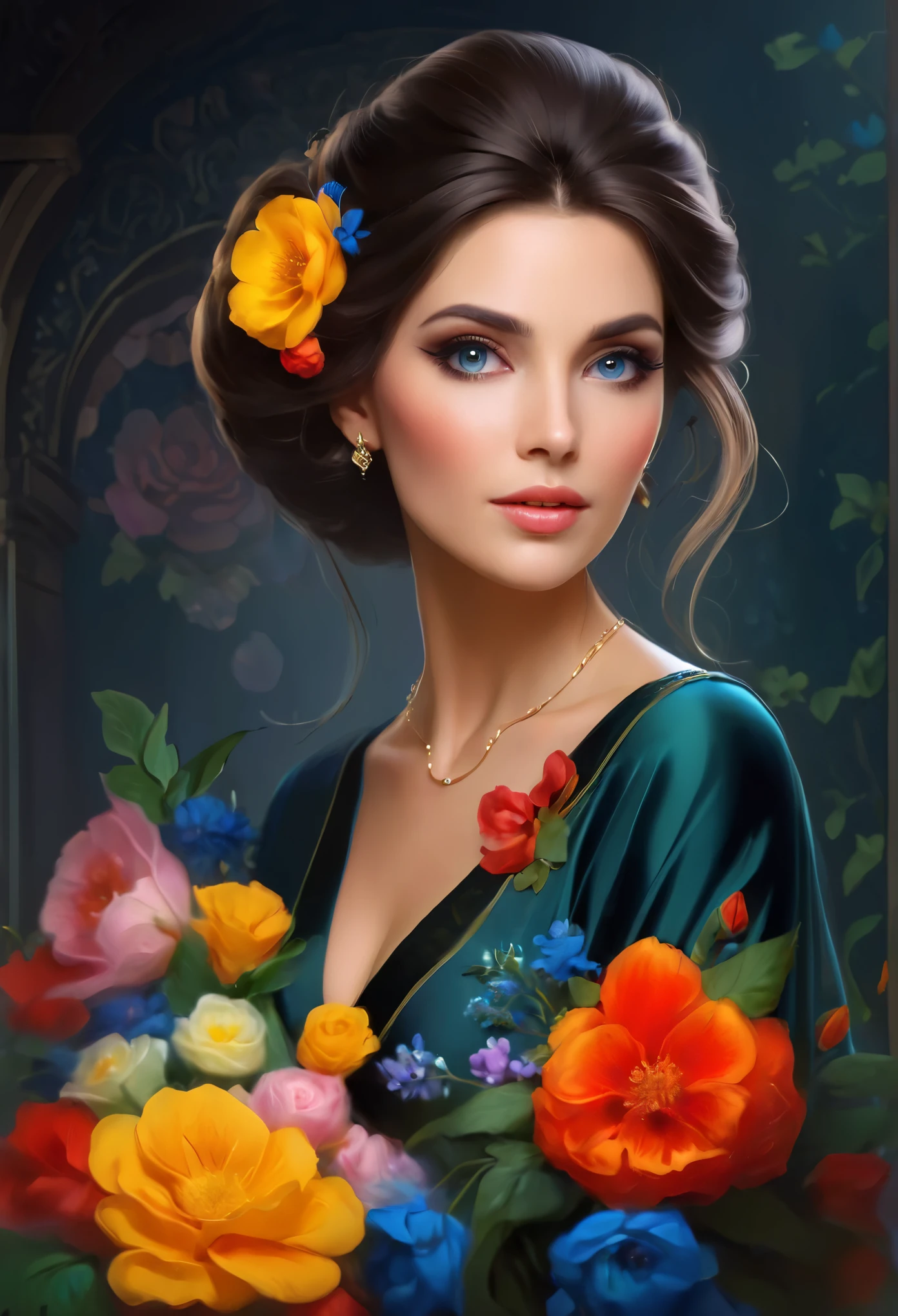 close-up of a woman with flowers in her hair, elegant digital painting, beautiful art uhd 4k, renaissance digital painting, fantasy style portrait, beautiful digital painting, beautiful digital illustration, beautiful fantasy style portrait, beautiful digital images, realistic digital art 4k, Gorgeous digital painting, realistic digital art 4k, beautiful fantasy portrait, digital fantasy portrait