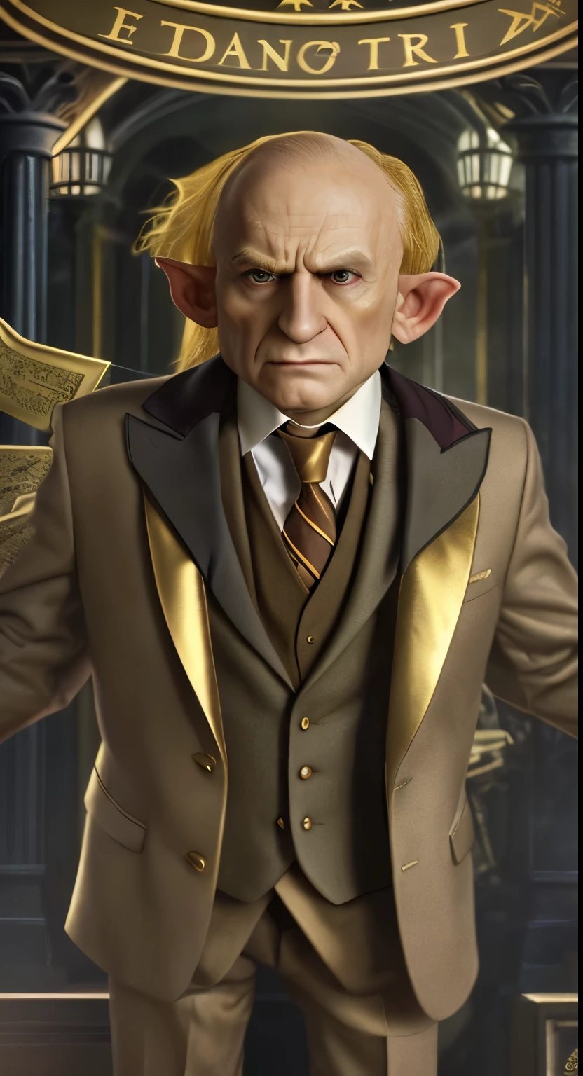 HD，Standing in a suit，harry potter，Banking Wizard，old face，elf ears，Pointy nose，Big nose，serious。Thinning hair，European style background with brilliant golden color