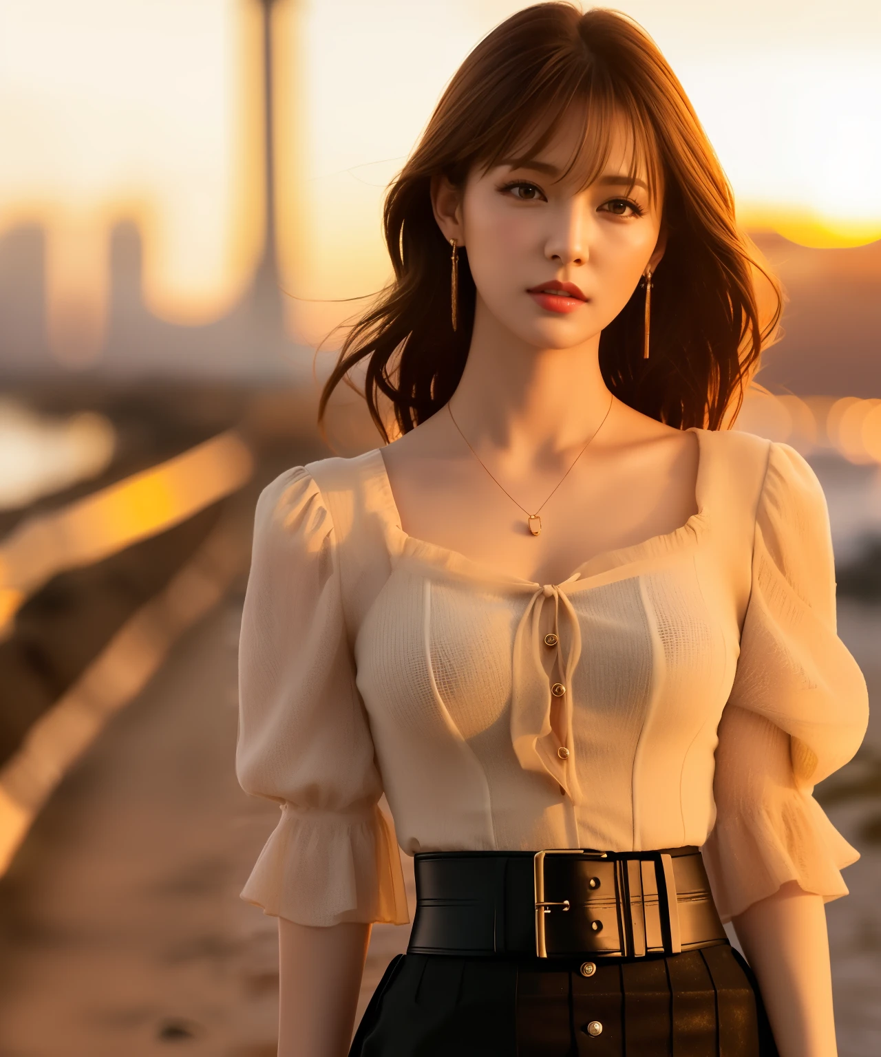 A woman walking on the beach at dusk with the setting sun behind her、Depth of the bounds written、Soft orange light illuminating a woman、((thick body))、skin texture、The person is transparent、long hair、nostalgic atmosphere、troubled look、one woman standing、light makeup、clear picture、attractive woman、flowing silhouette、ブラウスと濃い色のTight Skirtを着た女性、symmetrical blouse、Tight Skirt、Thin belt、Elegant materials and design、one small earring in each ear、one small bracelet、sophisticated style、hair swaying in the wind