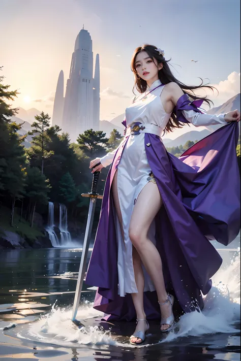 Purple dress and white dress, a beautiful train, holding the lake cuiqin, like a fierce tiger of the sword, sword dance music, a...