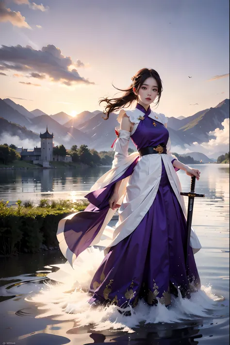 Purple dress and white dress, a beautiful train, holding the lake cuiqin, like a fierce tiger of the sword, sword dance music, a...