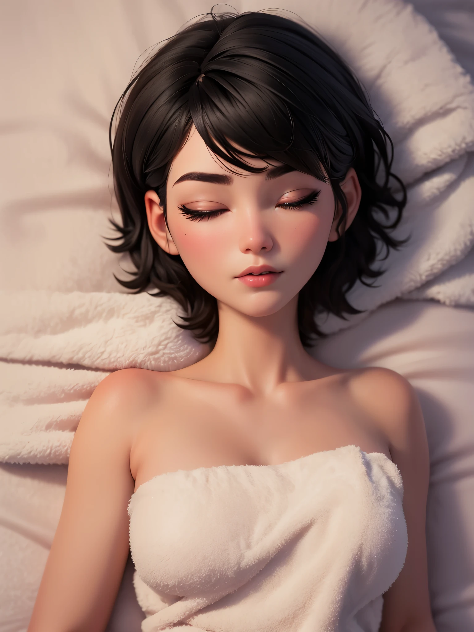 best quality, lifelike, 8k, high resolution, 1 girl, Miss, (professional lighting), (portrait:0.6), (Covered with a towel，Lie flat on your back on the bed), Gorgeous, black hair, (short hair:1.2), (1 girl ), eyes closed，lifelike, (Bokeh),SFW,Calm expression，top view