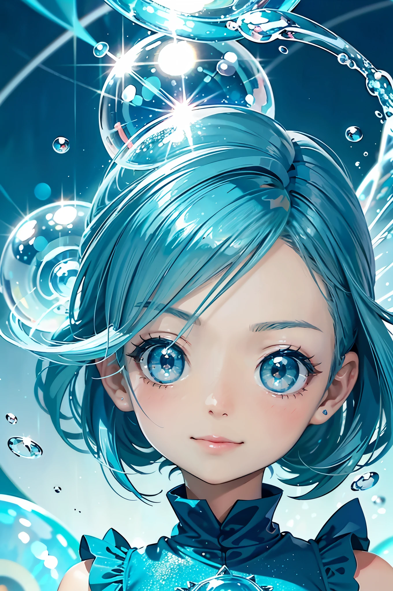 Underwater，Digital Art Style Baby Chibi，big head，perfect face， cute face，bright face，laughter，(blue hair:1.3)，(shining blue eyes:1.3)，(cute aqua blue dress:1.3)，bubbles，bubble，Water Balls，Sparkling、Backlight，highest quality，beautiful graphics，high detail