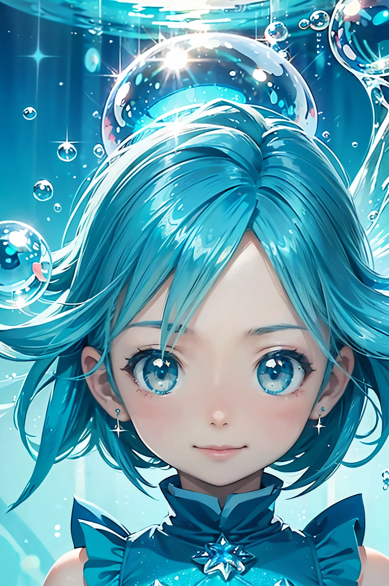 Underwater，Digital Art Style Baby Chibi，big head，perfect face， cute face，bright face，，(blue hair:1.3)，(shining blue eyes:1.3)，a smile that charms you，(cute aqua blue dress:1.3)，bubbles，bubble，Water Balls，Sparkling、Backlight，highest quality，beautiful graphics，ultra detail