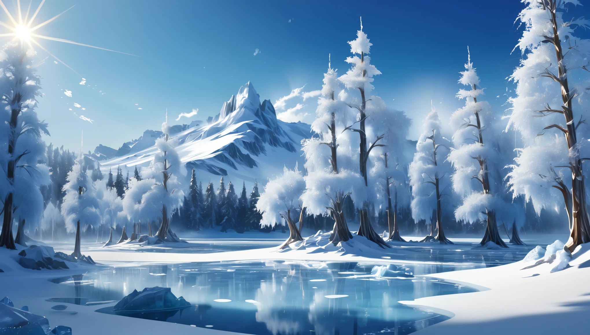 ice lake, snowy trees, sunny, ice base, final design, masterpiece, surreal