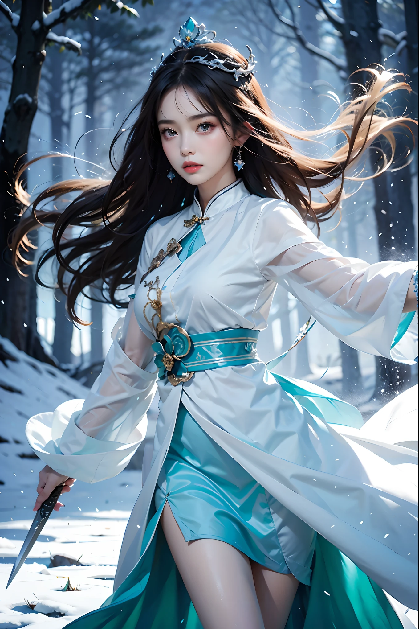 1girl,Ice Blue Dress, Silver Jade Qiong, wearing a jade phoenix crown, holding a snow lotus flower sword, figure looming, wandering alone, snow-covered ice lake, deep pine forest, white snow, Ice Lake, cold as ice, graceful as jade, noble and mysterious, 1girl, glow,Hazy light,Floodlight，masterpiece，16k