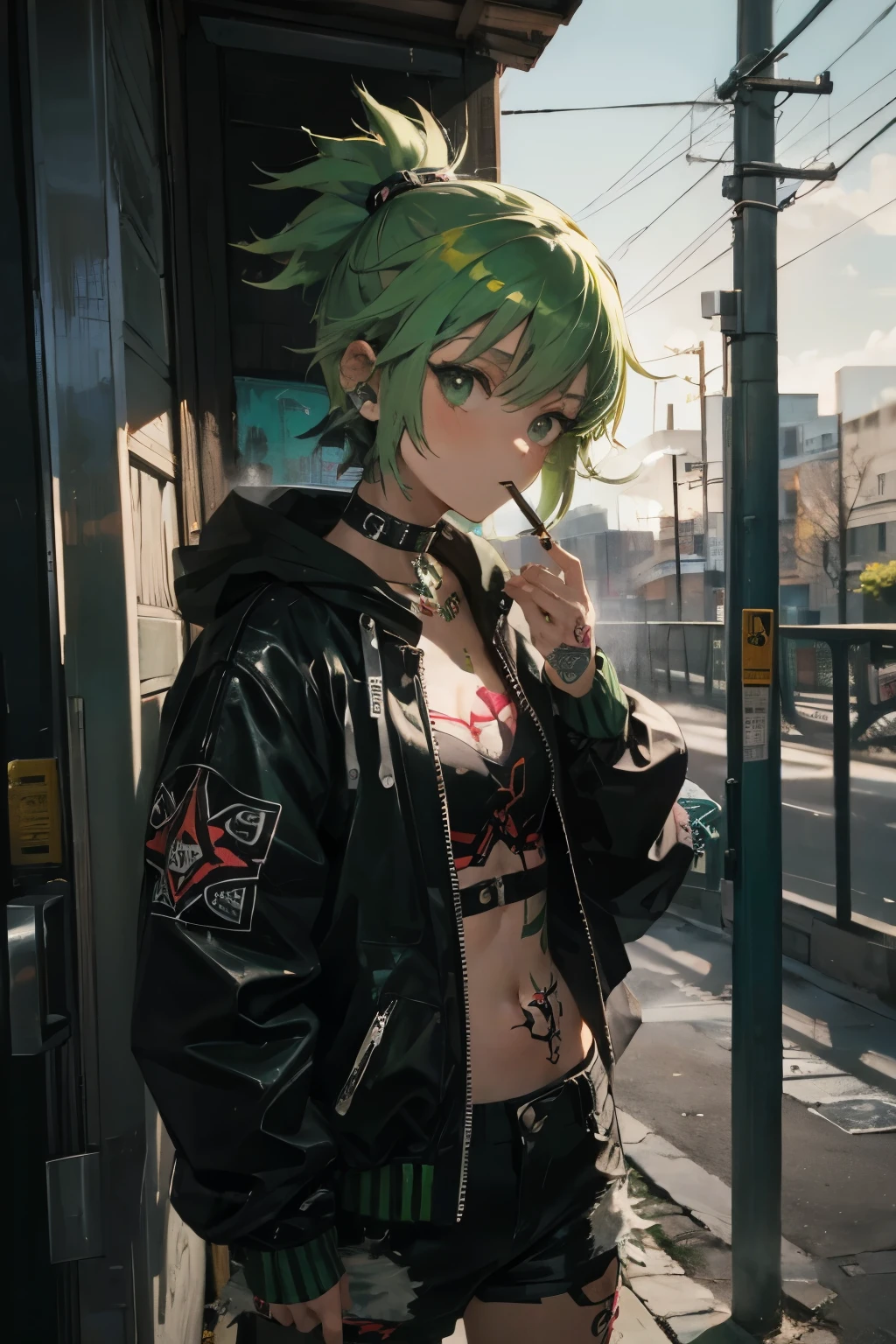 punk rock girl smoking a cigarette with green hair and tattoos