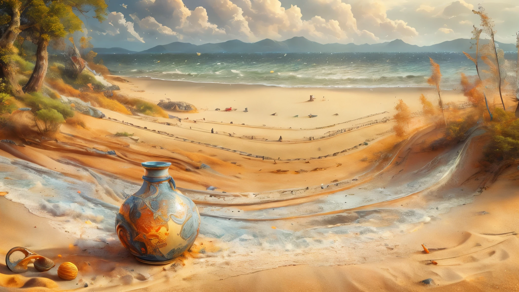 (obra de arte), 8K, melhor qualidade, vista panorâmica, vaso de óleo virado, derramando óleo, na areia da praia, perto da floresta