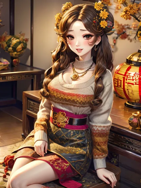 wavy hair wavy hair,（（（hair accessories）））,necklace,Wear a sexy sweater,,skinny jeans,The room is filled with Chinese New Year d...