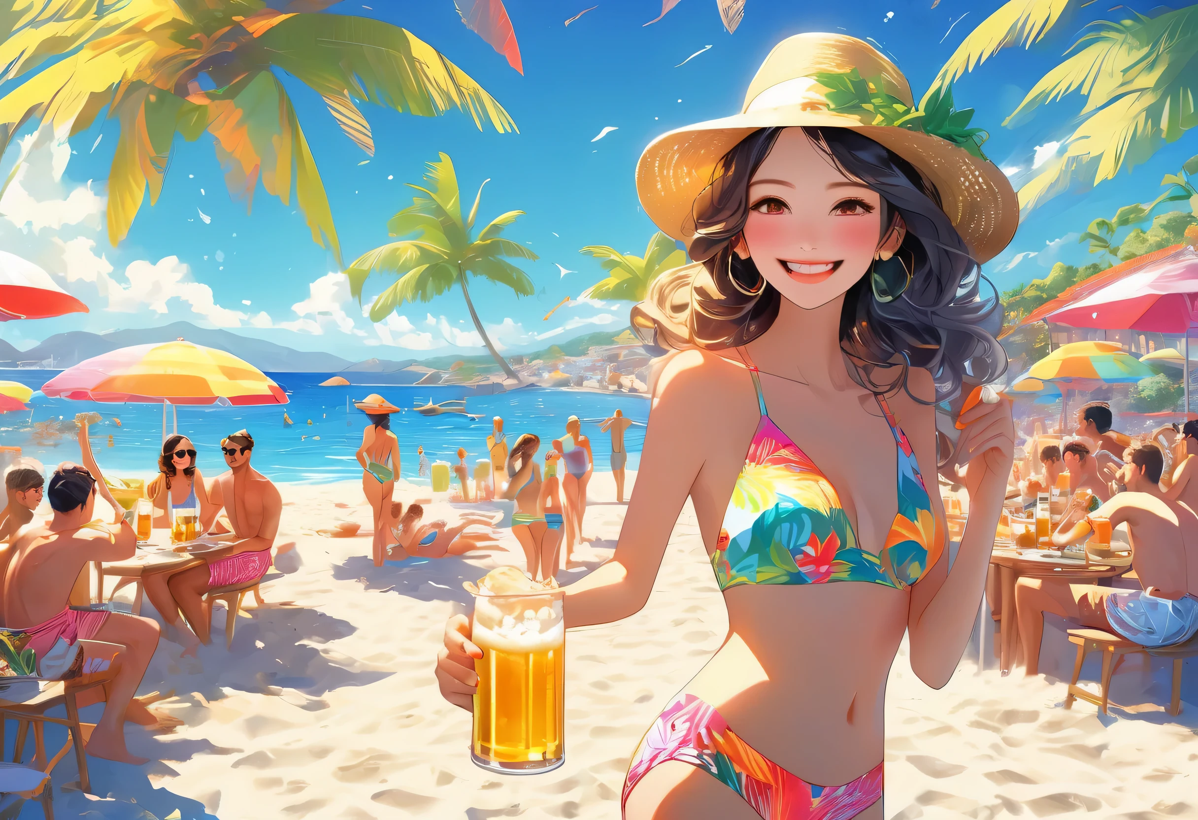beach,100 people,Men and women in swimsuits,cheers,barbecue,drinking beer,Resort beach background,summer sunshine,masterpiece,rich colors,highest quality,official art,fantasy,colorful,Happy,smile,,I&#39;looking forward to it,happiness,nice background,Fun time,Sparkling,beautiful light and shadow,stylish,anatomically correct,Detailed details,rendering,unreal engine,Cast a colorful spell