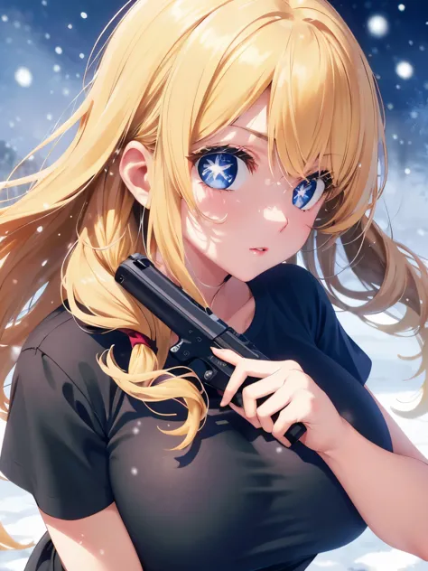 1woman,super beautiful,crawl,snowing,Holding a gun, shooting,close up photo,Focus on face,Beautiful eyes, very detailed face, HD...