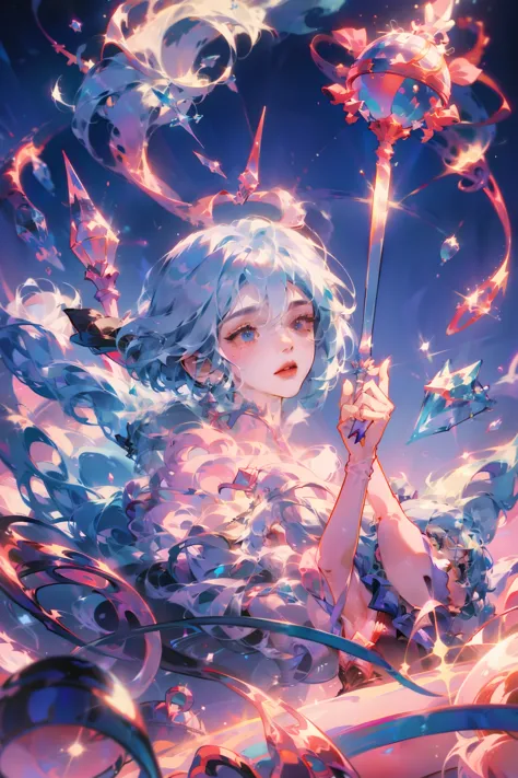 Anime - style illustration of a woman with a magic wand and a crystal ball, white-haired god, Keqing from Genshin Impact, Mago d...