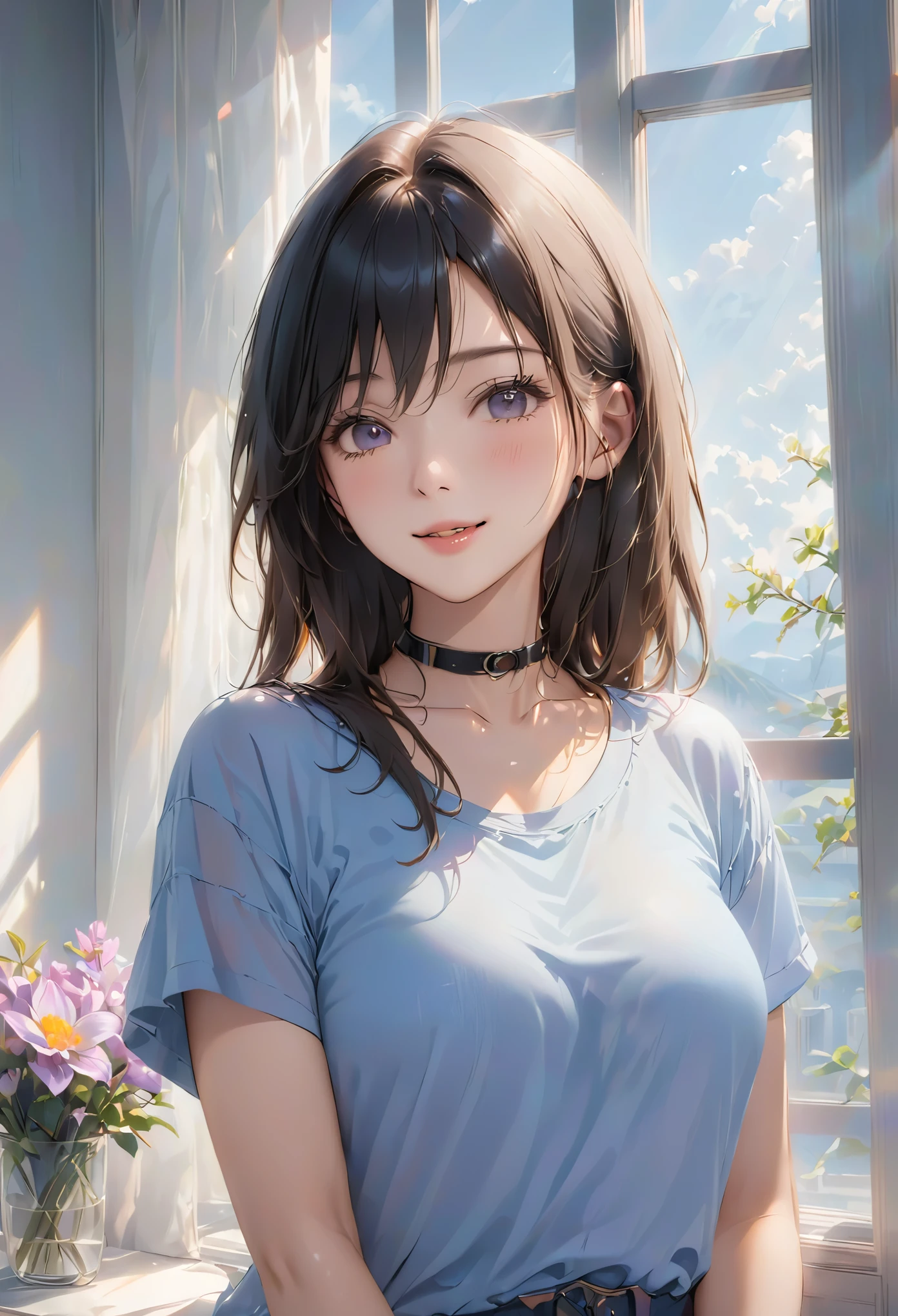 (higher resolution, clearly_image) best quality, a woman, masterpiece, Very detailed, semi-realistic, 21 years old, beautiful, young, Handsome, t-shirt, Lilac shirt, collar around neck, Internal, modern room, window, wake up, morning, blush, smiling