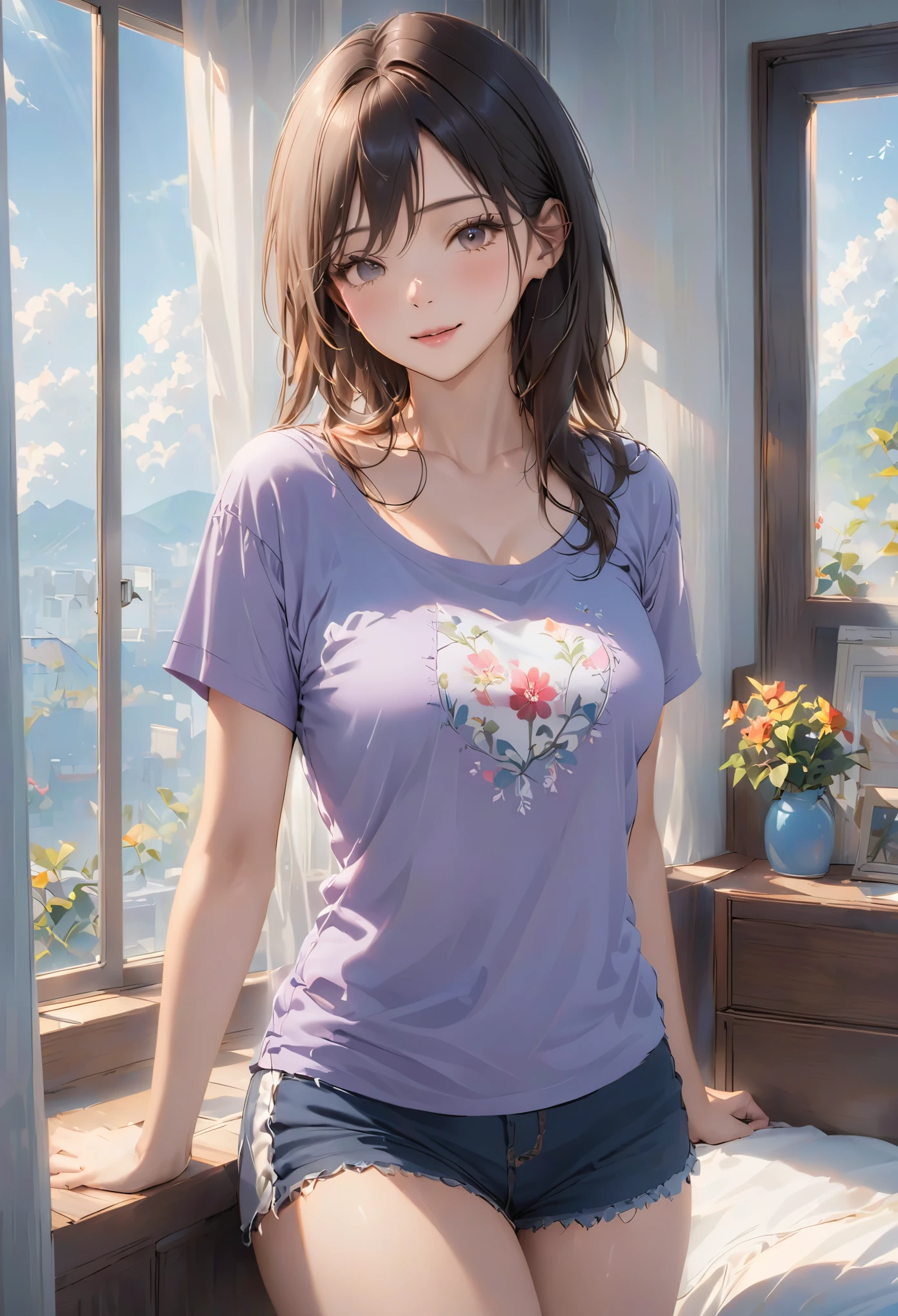 (higher resolution, clearly_image) best quality, a woman, masterpiece, Very detailed, semi-realistic, 21 years old, beautiful, young, Handsome, t-shirt, Lilac shirt, collar around neck, Internal, modern room, window, wake up, morning, blush, smiling