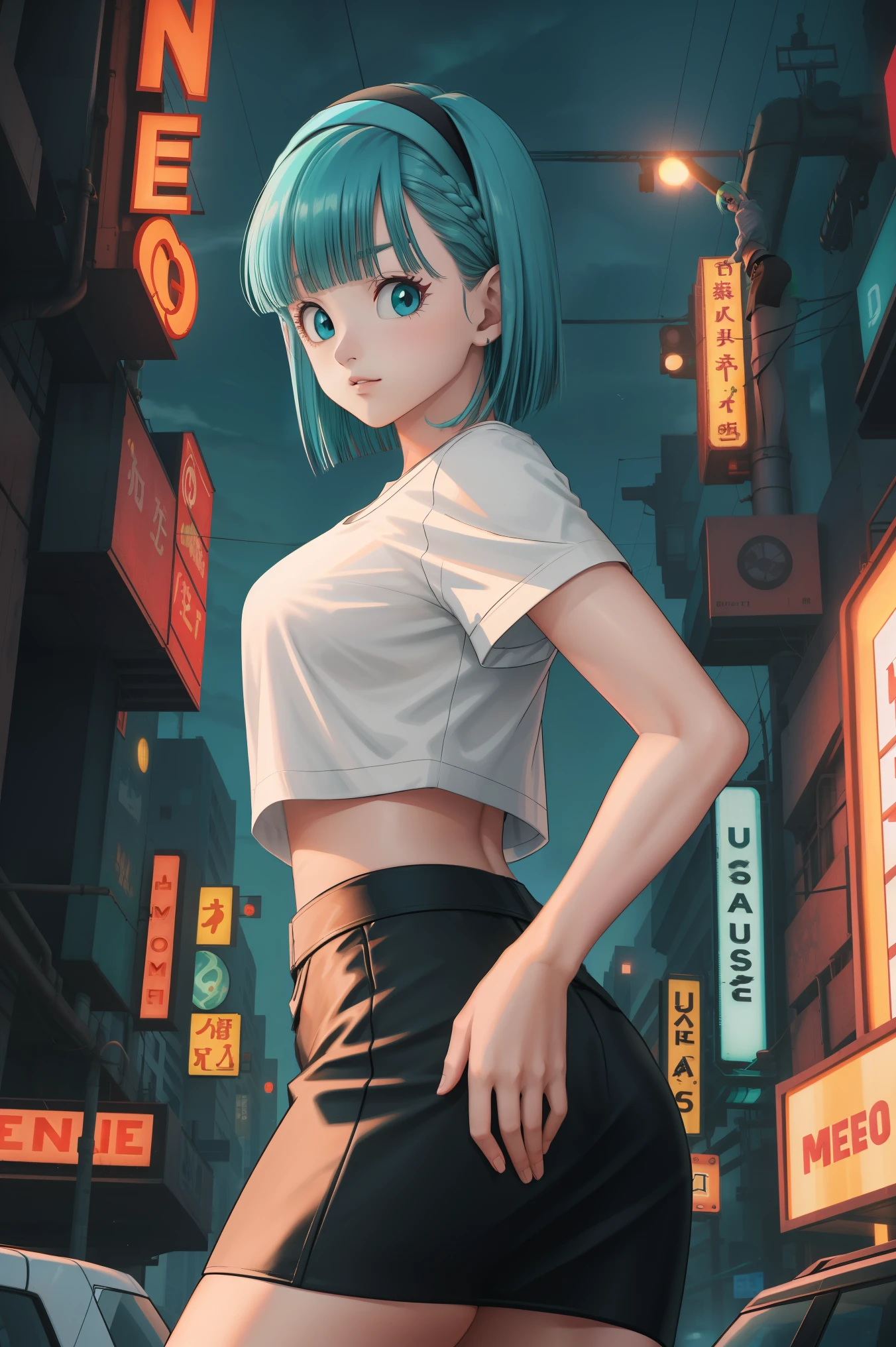 masterpiece, best quality, highres, dragon ball, blmmid, ((aqua hair)), medium hair, blunt bangs, red hair band, medium breasts, white shirt, black skirt, cowboy shot, in a Cyberpunk city, bustling with neon signs, standing, upper body, ((midriff)), ((sexy)), (large breasts), ass,