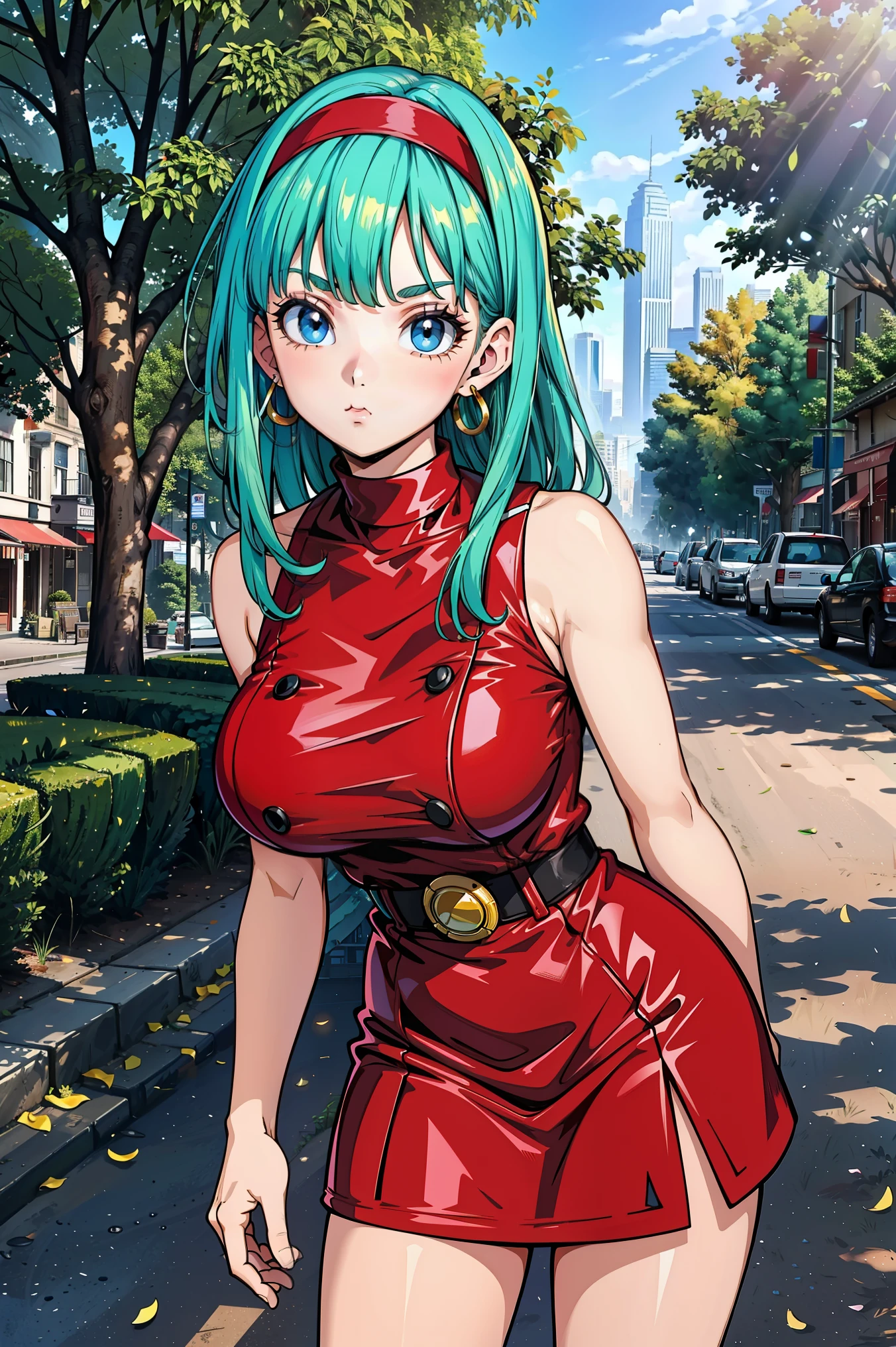 (masterpiece:1.2),( high quality:1.1), bulla,pout, long hair, straight hair,bangs, aqua hair, blue eyes, mascara, long lashes, hairband, red hairband, earrings, bodycon dress, sleeveless, city park, trees, grass, sunshine, blurry background,(looking at viewer, Bend forward:1.1),, huge breast,large breast,(beautifully lit:1.1),