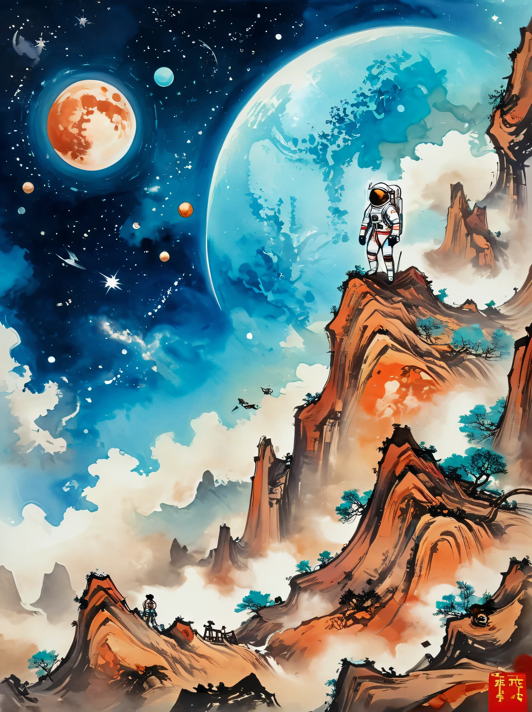 super detailed，Chinese ink style，Chinese Dream Landscape，(Distant planetary sky，A blue space suit made of futuristic cutting-edge technology，Mars climbing cliff close-up:1.8），Ringed planets floating in the sky，illustration，bright shining stars，Stunning galactic background，a mysterious and peaceful feeling，magical atmosphere、happy and peaceful scene、Surreal and ethereal colors、texture landscape、otherworldly environment、magnificent view、Hazy and mysterious atmosphere、dramatic light and shadow、Unique rock formations、A thrilling sense of adventure、Amazing natural wonders、Grandeur and sense of scale，Explore endless possibilities，space suit，(China high-tech space suit，High detail space suit，China's next generation of astronauts:1.5)