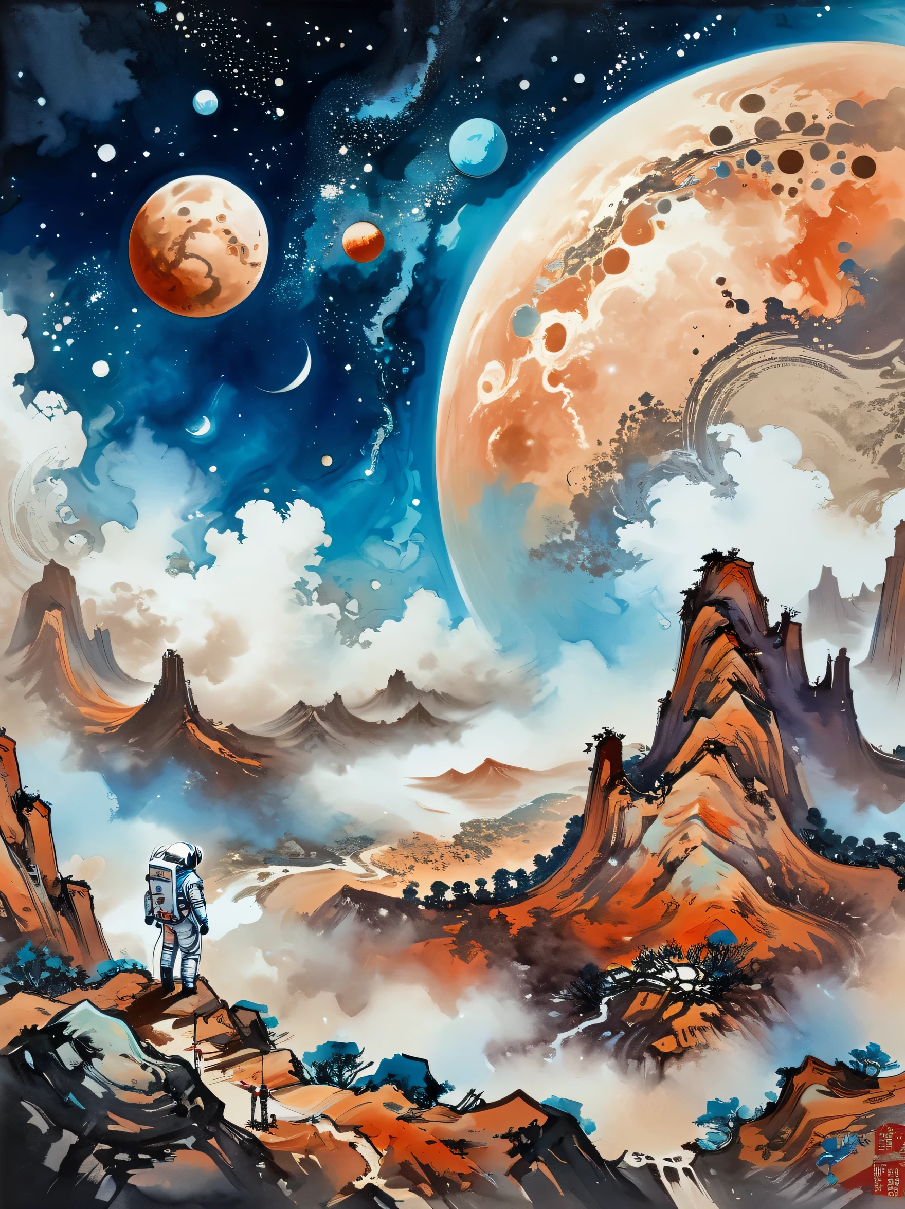 super detailed，Chinese ink style，Chinese Dream Landscape，(Distant planetary sky，A blue space suit made of futuristic cutting-edge technology，Mars climbing cliff close-up:1.8），Ringed planets floating in the sky，illustration，bright shining stars，Stunning galactic background，a mysterious and peaceful feeling，magical atmosphere、happy and peaceful scene、Surreal and ethereal colors、texture landscape、otherworldly environment、magnificent view、Hazy and mysterious atmosphere、dramatic light and shadow、Unique rock formations、A thrilling sense of adventure、Amazing natural wonders、Grandeur and sense of scale，Explore endless possibilities，space suit，(China high-tech space suit，High detail space suit，China's next generation of astronauts:1.5)