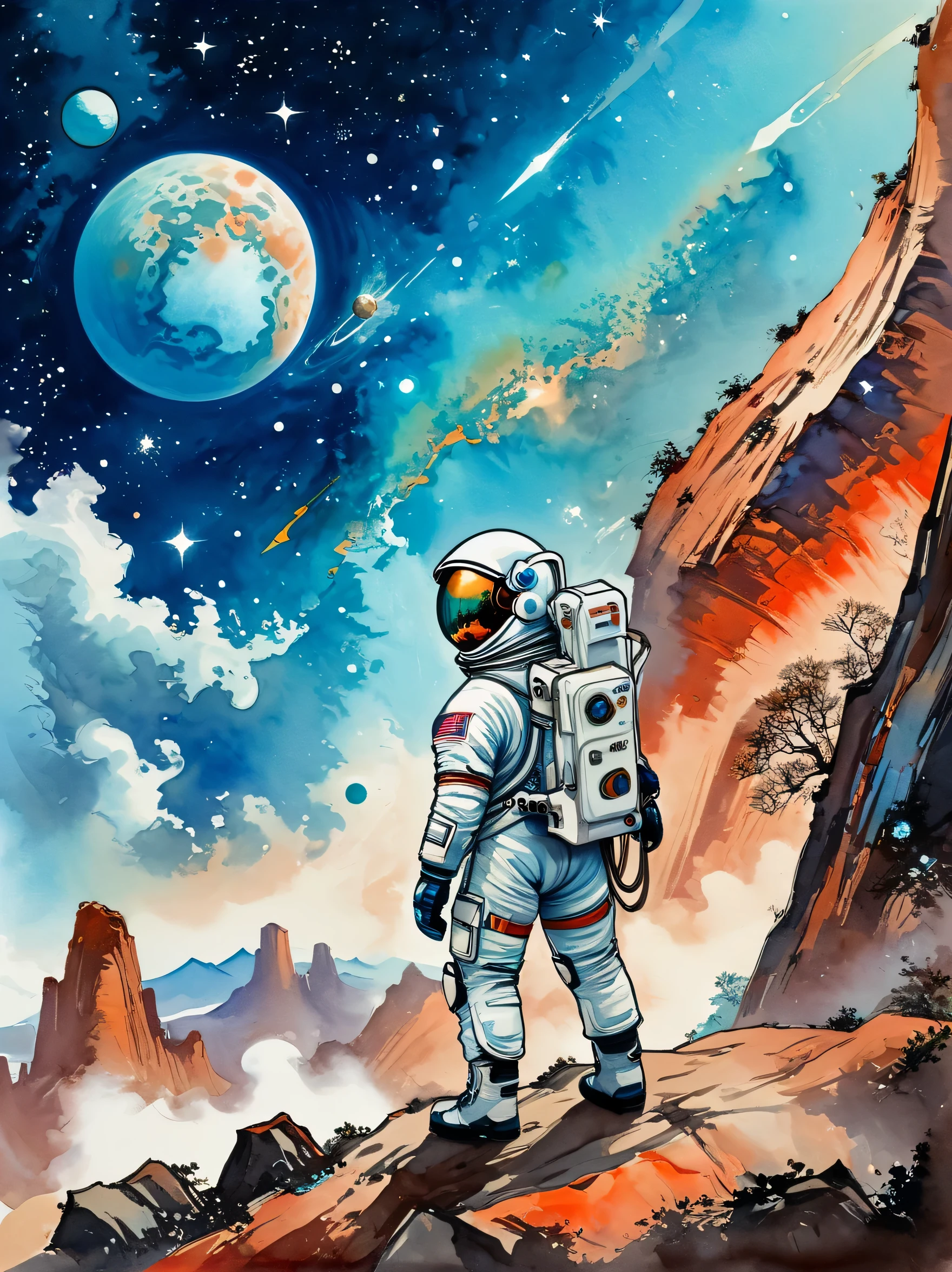 super detailed，Chinese ink style，Chinese Dream Landscape，(Distant planetary sky，一个穿着未来尖端技术制成的蓝色space suit，Mars climbing cliff close-up:1.8），Ringed planets floating in the sky，illustration，bright shining stars，Stunning galactic background，a mysterious and peaceful feeling，magical atmosphere、happy and peaceful scene、Surreal and ethereal colors、texture landscape、otherworldly environment、magnificent view、Hazy and mysterious atmosphere、dramatic light and shadow、Unique rock formations、A thrilling sense of adventure、Amazing natural wonders、Grandeur and sense of scale，Explore endless possibilities，space suit，(中国高科技space suit，高细节space suit，China's next generation of astronauts:1.5)