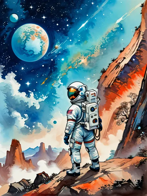 super detailed，chinese ink style，chinese dream landscape，(distant planetary sky，一个穿着未来尖端技术制成的蓝色space suit，mars climbing cliff cl...