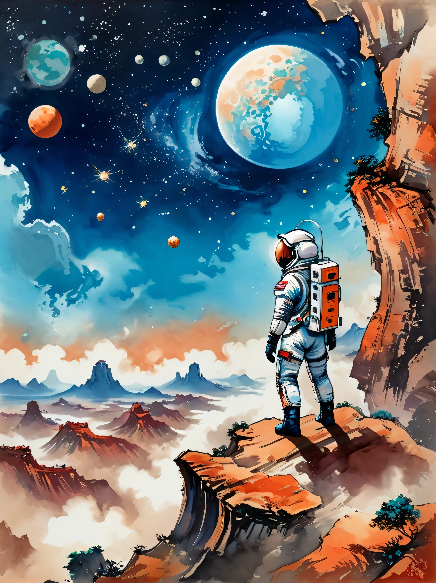 super detailed，Chinese ink style，Chinese Dream Landscape，(Distant planetary sky，一个穿着未来尖端技术制成的蓝色space suit，Mars climbing cliff close-up:1.8），Ringed planets floating in the sky，illustration，bright shining stars，Stunning galactic background，a mysterious and peaceful feeling，magical atmosphere、happy and peaceful scene、Surreal and ethereal colors、texture landscape、otherworldly environment、magnificent view、Hazy and mysterious atmosphere、dramatic light and shadow、Unique rock formations、A thrilling sense of adventure、Amazing natural wonders、Grandeur and sense of scale，Explore endless possibilities，space suit，(中国高科技space suit，高细节space suit，China's next generation of astronauts:1.5)