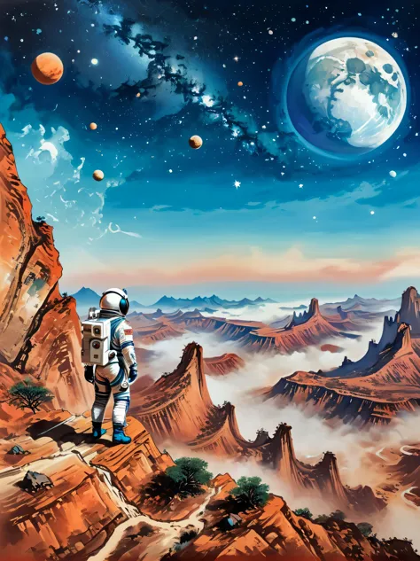 super detailed，Chinese ink style，Chinese Dream Landscape，(Distant planetary sky，一个穿着未来尖端技术制成的蓝色space suit，Mars climbing cliff cl...