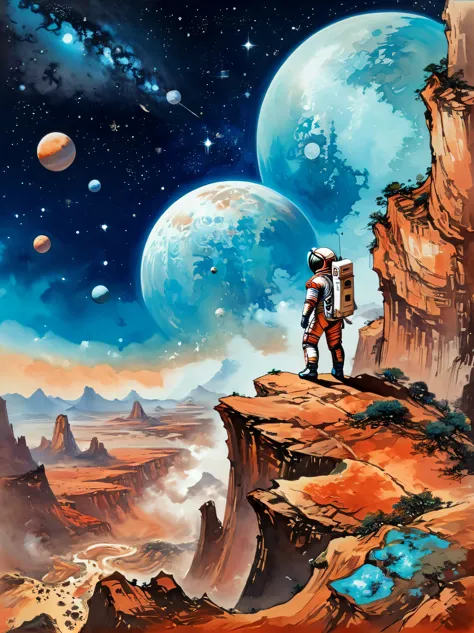 super detailed，chinese ink style，chinese dream landscape，(distant planetary sky，一个穿着未来尖端技术制成的蓝色space suit，mars climbing cliff cl...