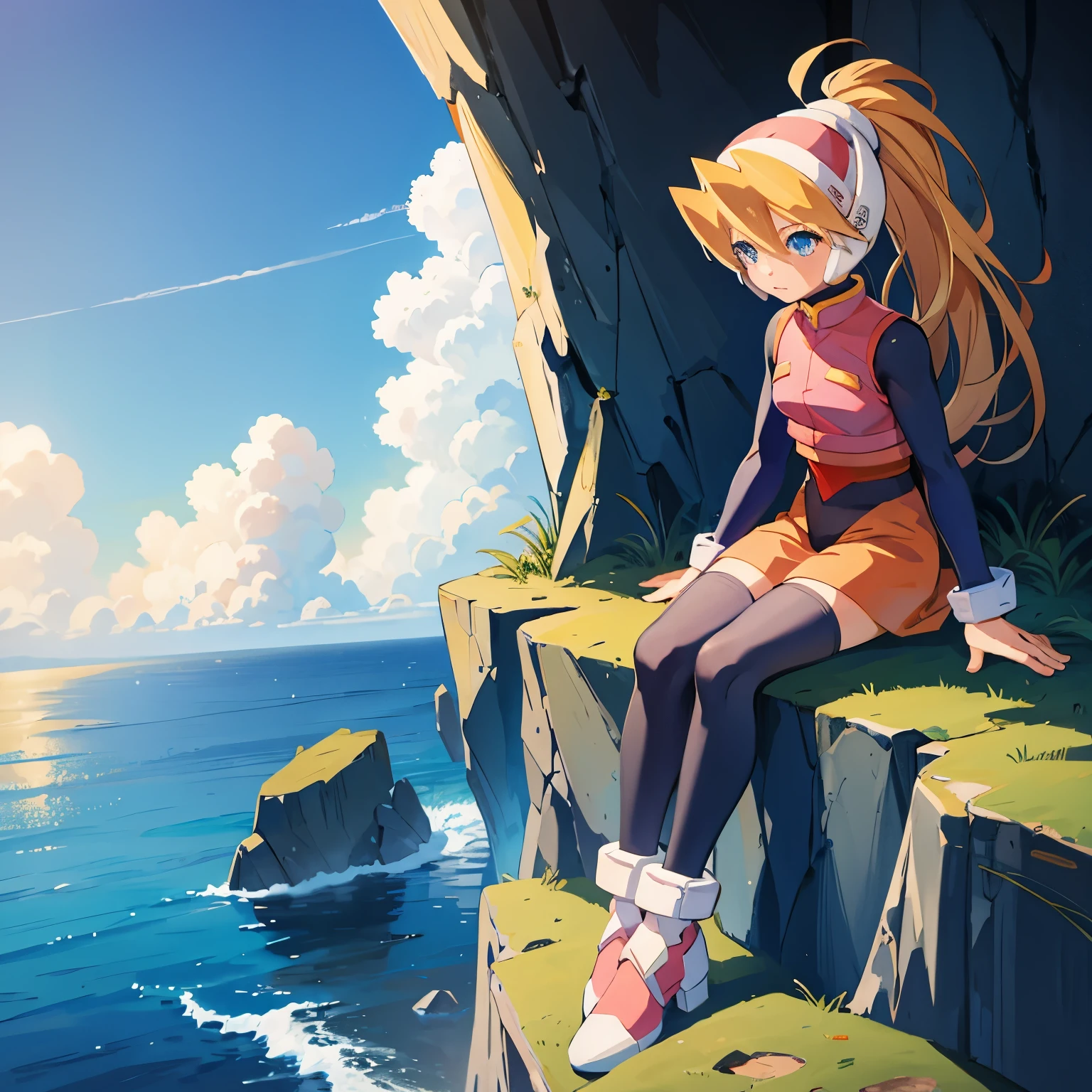 ciel_megamanz, 1girl, solo, long hair, blue eyes, blonde hair, ponytail, headgear, masterpiece, high quality, overlooking the ocean on the edge of a rock, in the style of avian-themed, realistic yet stylized, villagecore, azure, orange and azure, dragoncore, aerial view