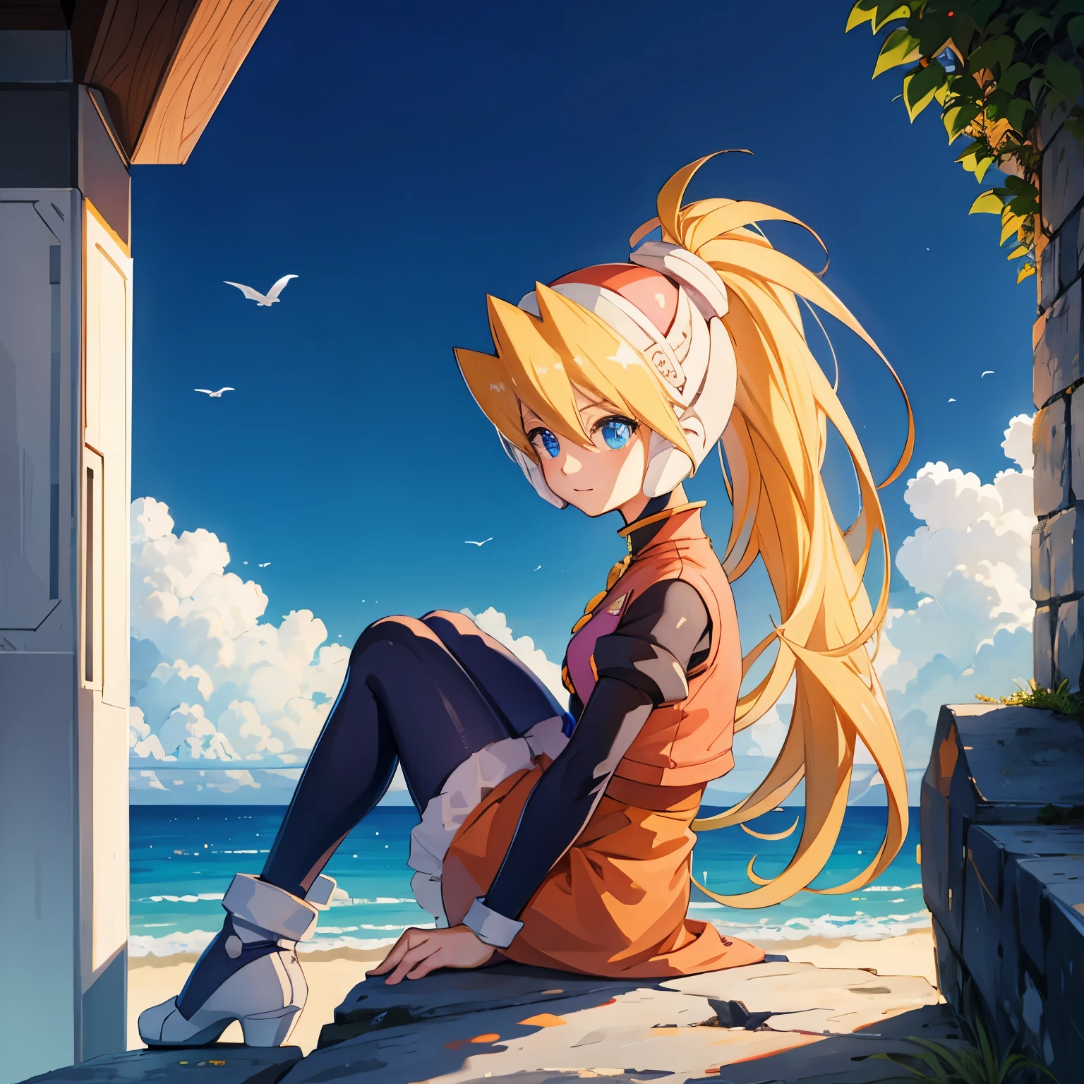 ciel_megamanz, 1girl, solo, long hair, blue eyes, blonde hair, ponytail, headgear, masterpiece, high quality, overlooking the ocean on the edge of a rock, in the style of avian-themed, realistic yet stylized, villagecore, azure, orange and azure, dragoncore, aerial view