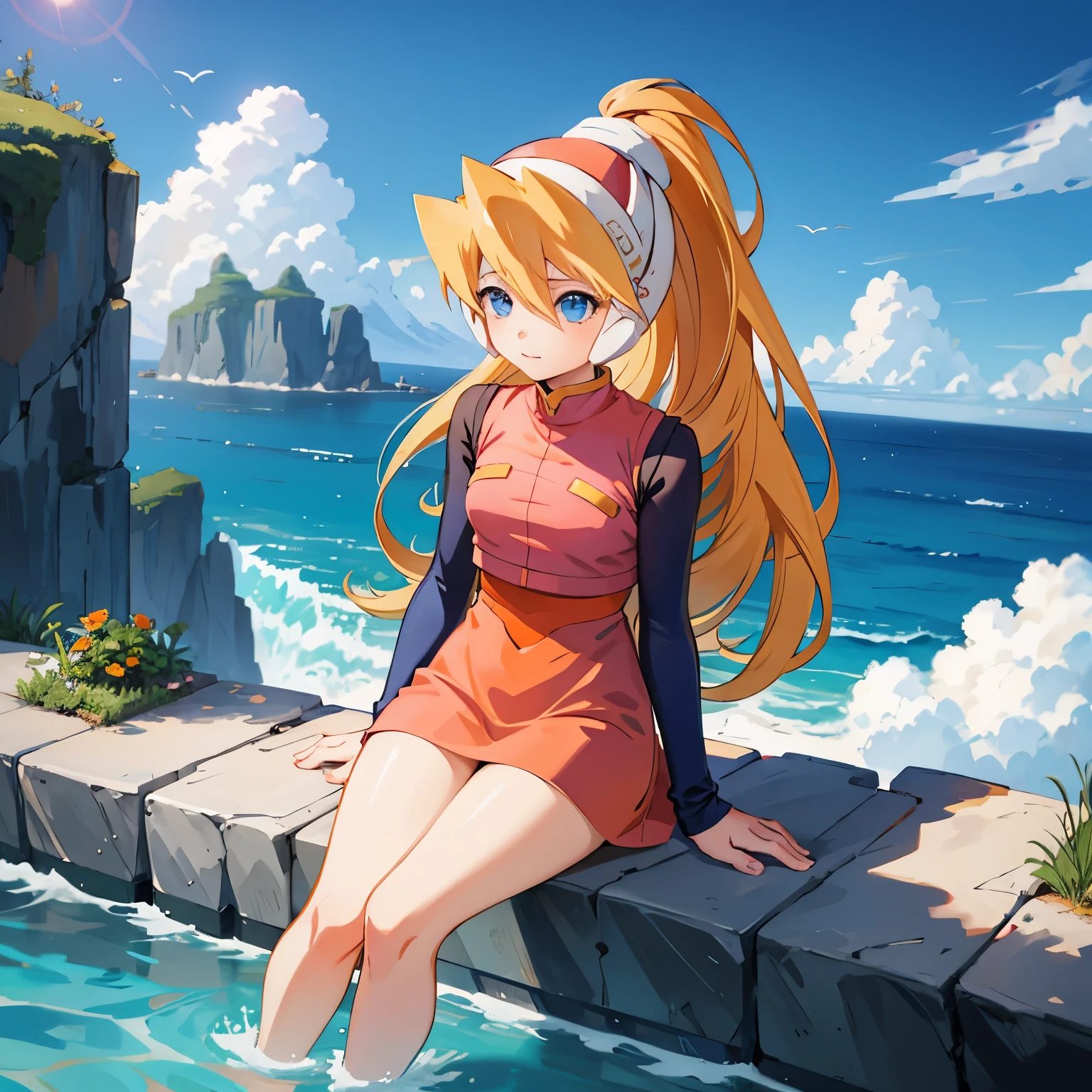 ciel_megamanz, 1girl, solo, long hair, blue eyes, blonde hair, ponytail, headgear, masterpiece, high quality, overlooking the ocean on the edge of a rock, in the style of avian-themed, realistic yet stylized, villagecore, azure, orange and azure, dragoncore, aerial view