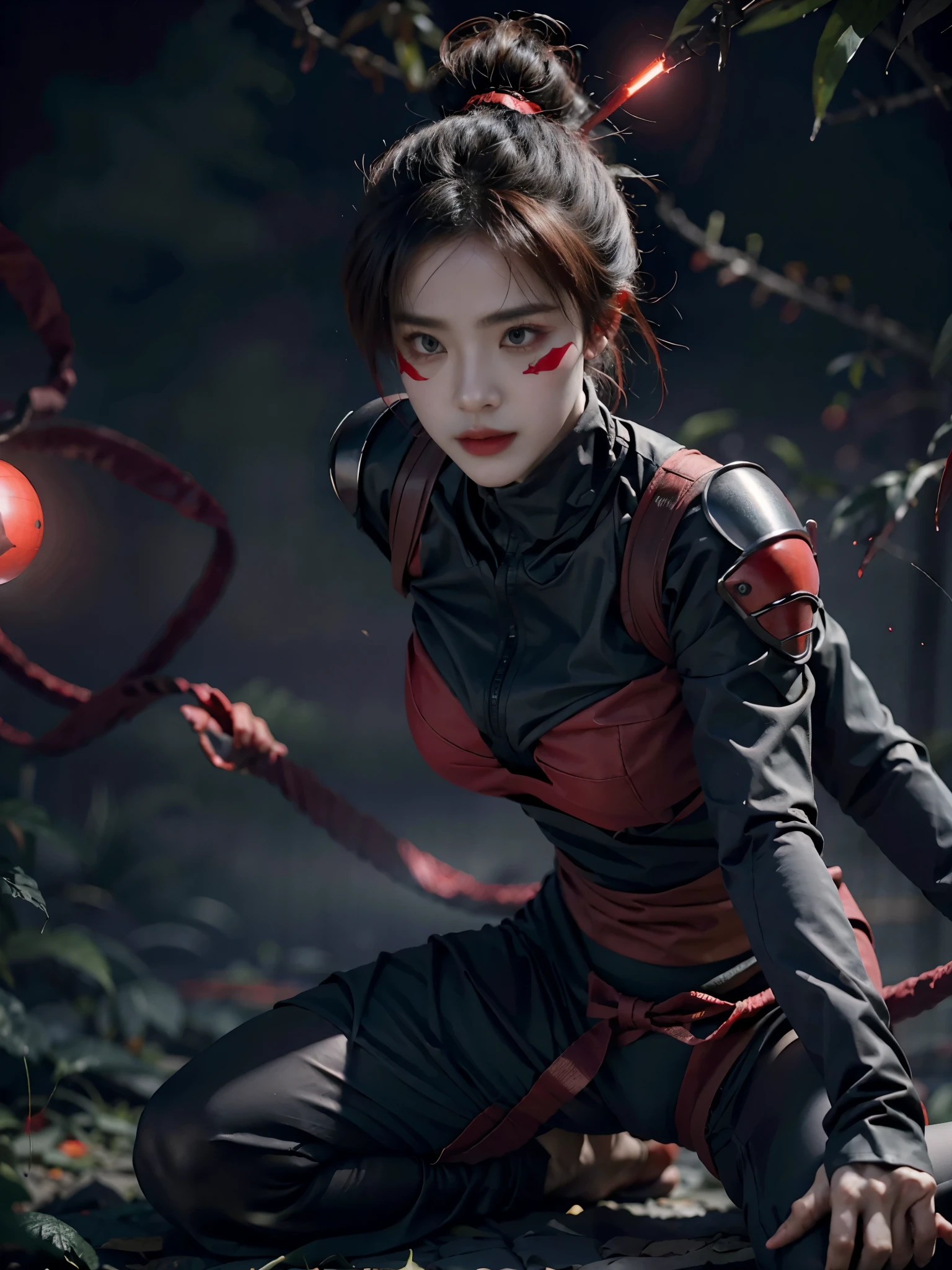 Beautiful girl fused with a spider. Kunoichi. Ninja Woman. Female Solo. Red glowing eye mask. eye mask.Spider legs.