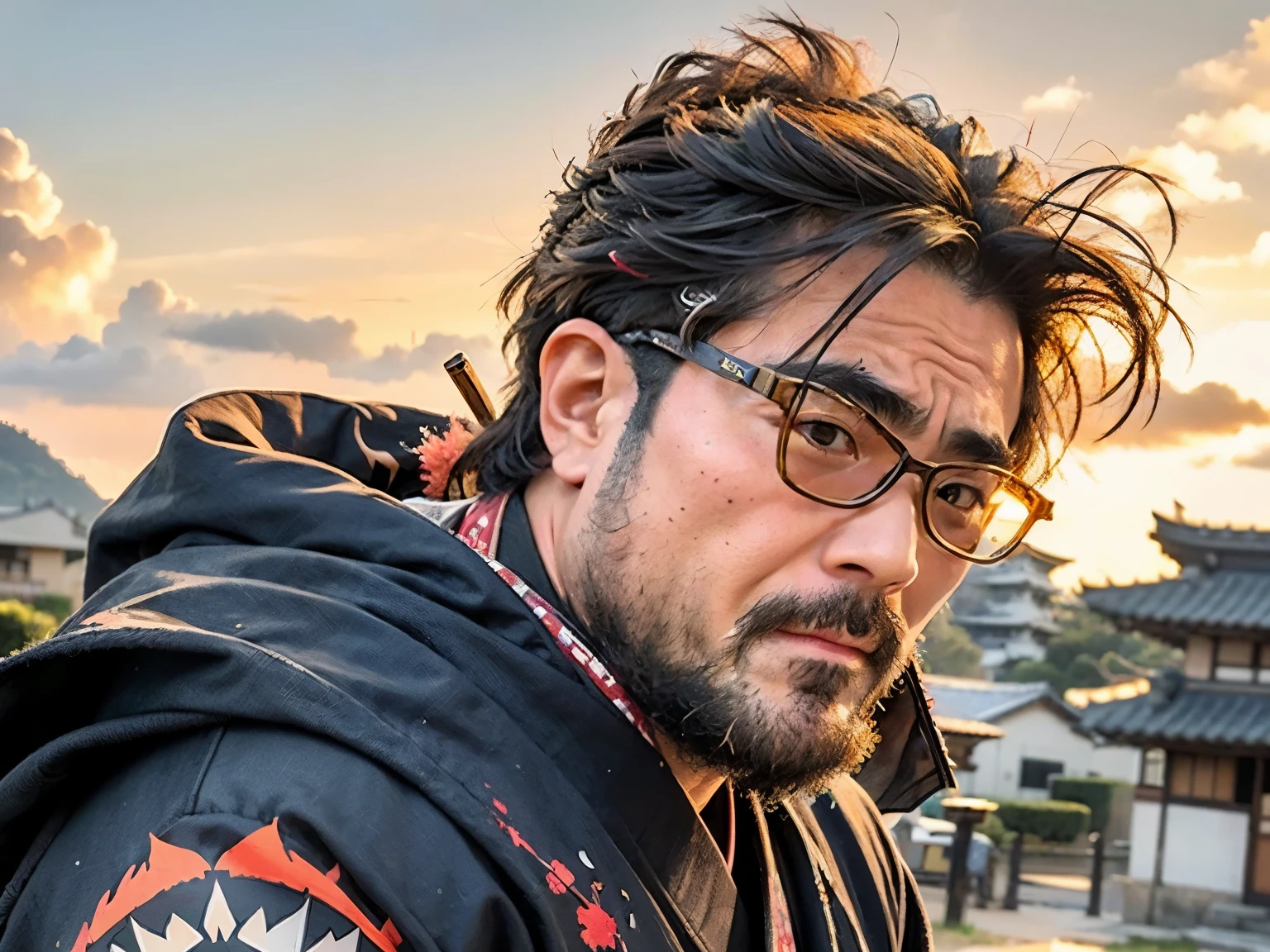 A solo samurai in a chaotic battlefield, surrounded by a splatter background. The samurai possesses a sword, exhibiting its deadly gleam. The scene is of the highest quality, with breathtaking details and ultra-realistic elements. The samurai's appearance is magnificent, with beautiful detailed eyes, lips, and a ruggedly handsome face. He has disorganized hair, underscored by the stubble and beard that adorn his face. The samurai has a wild and untamed aura, reminiscent of a true warrior. He wears traditional Hakama, symbolizing his status and heritage. Engaged in a fierce sword fight, he showcases his exceptional skills and combat prowess. Despite being 41 years old, he exudes an unmatched vigor and determination. Notably, you are present in the background, spectating the intense battle. Wearing glasses, you observe the brave samurai with awe and admiration.
