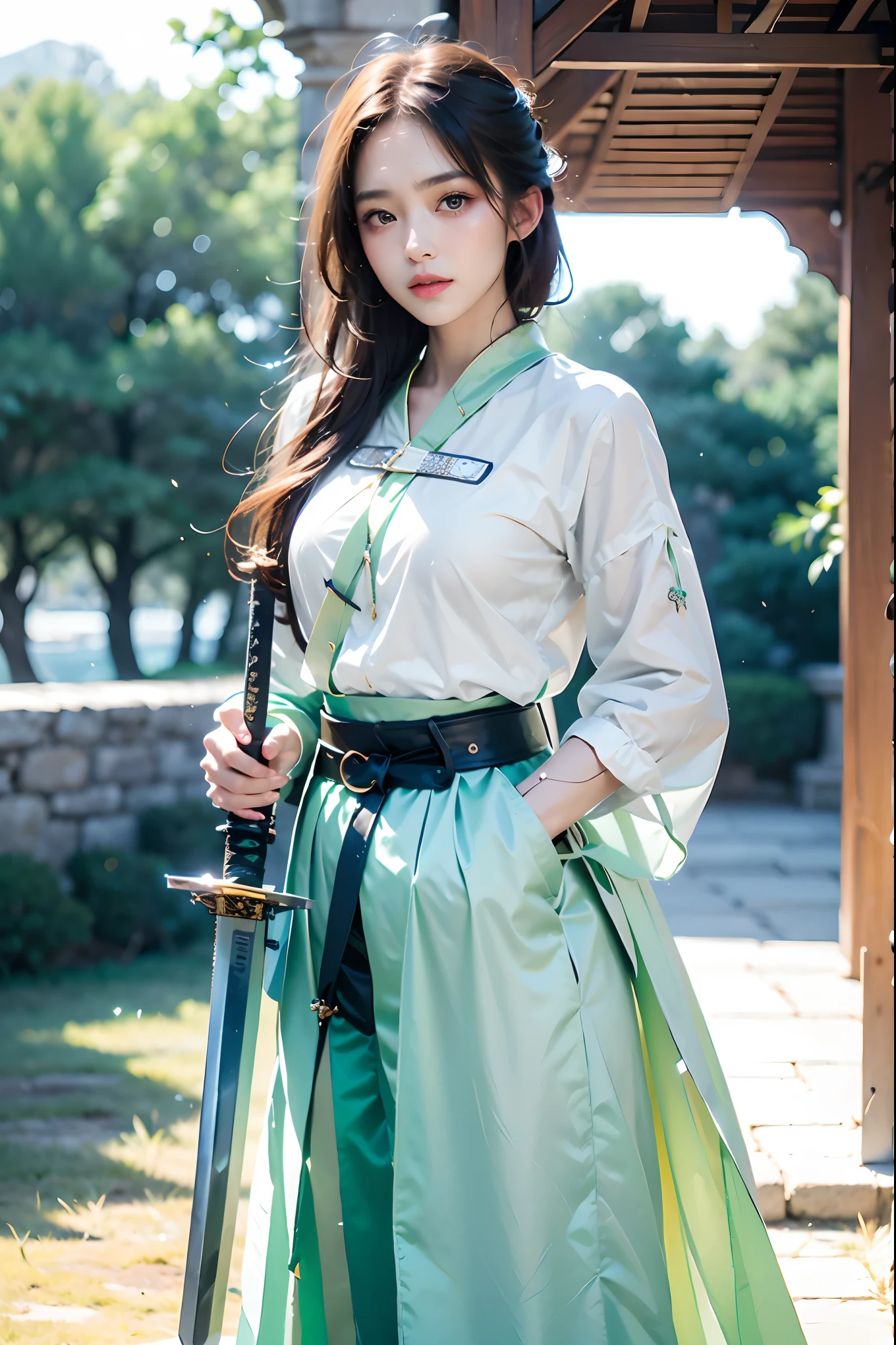 1girl,light green gauze skirt, (holding sword:1.5)，waist belt light tie, elegant and classical, light stand in the side of the pavilion, one hand on the cheek, overlooking the distance,pavilions and pavilions in the garden, with flowers and trees, warm afternoon sun, sprinkle on the quiet water,Gentle as water, but the sword agile, can not hide the edge, 1girl, glow,Hazy light,Floodlight，masterpiece，16k