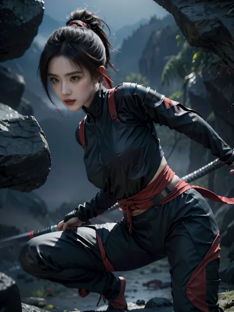 Beautiful girl fused with a spider. Kunoichi. Ninja Woman. Female Solo,holding a katana,standing