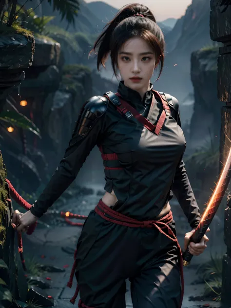 Beautiful girl fused with a spider. Kunoichi. Ninja Woman. Female Solo,holding a katana,standing