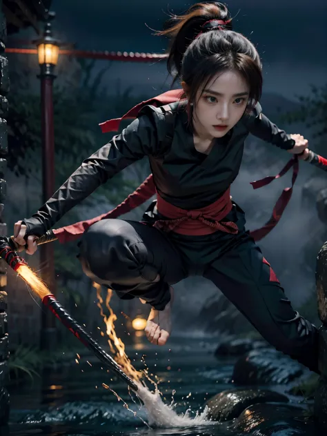 Beautiful girl fused with a spider. Kunoichi. Ninja Woman. Female Solo,holding a katana,jumping,attack