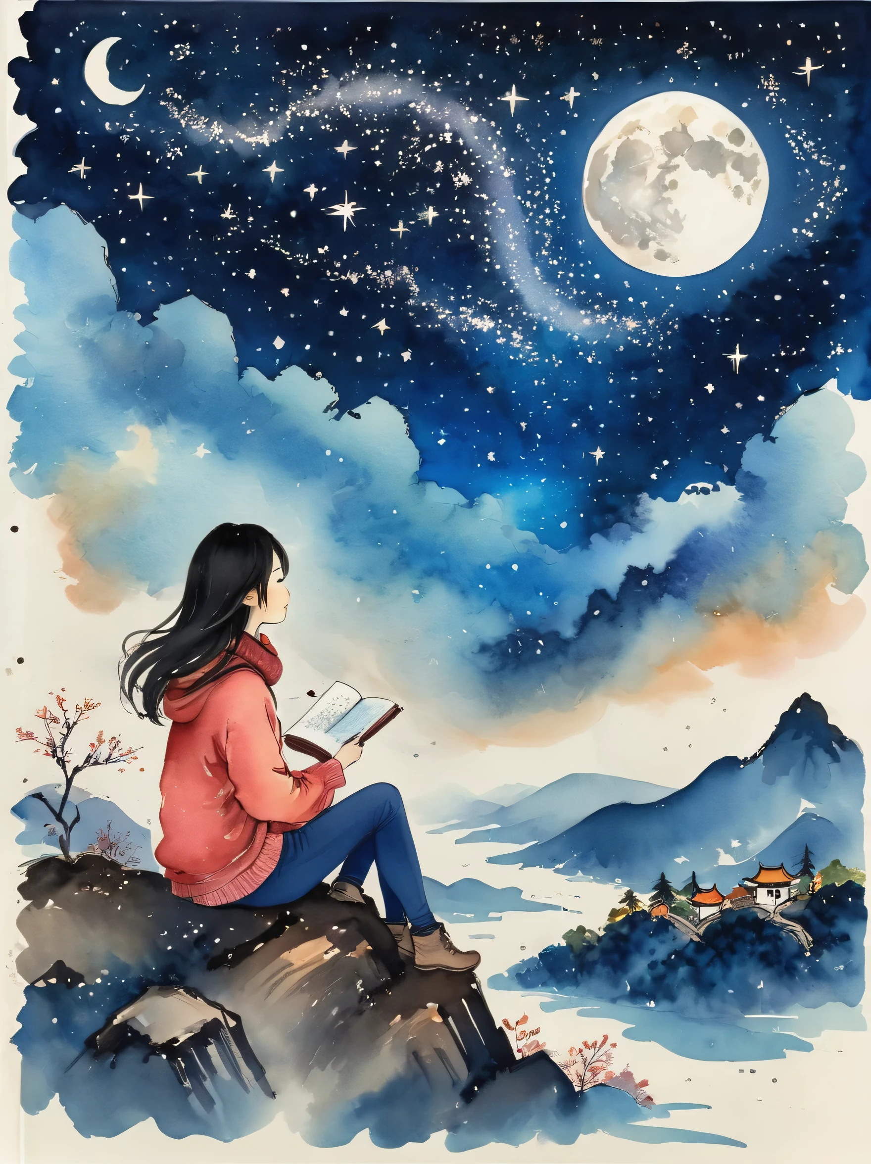 非常に詳細な，中国の水墨画，中国の夢の風景，(最高品質, 傑作:1.2), 少女が山の丘の上に座っている, 星を見つめる. 彼女は一人だった, しかし一人ではない. 彼女は上空の広大な宇宙とのつながりを感じた. 彼女は暖かいセーターとスカーフを着ています, ホットチョコレートを手に. 彼女の隣にはスケッチブックと赤鉛筆が置いてある, しかし彼女は夜空に魅了されすぎている，できる&#39;何も描かない. 彼女は何を知りたいのか&#39;星の向こう側, そして彼女の世界における位置... 彼女は微笑んで目を閉じた, 平和と驚きを感じてください