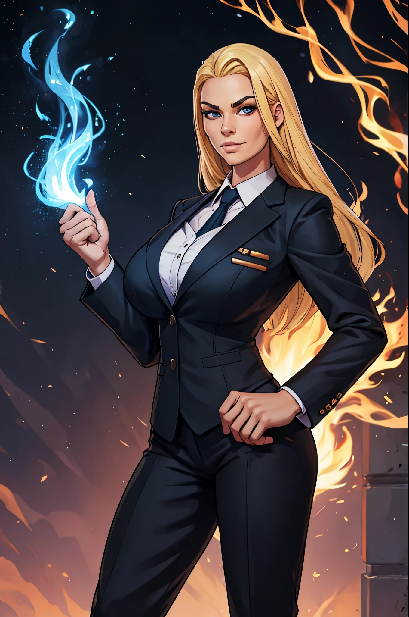 busty young adult blonde human female, smug facial expression, black pin-stripe business suit and dress pants, wielding a magical blue flame